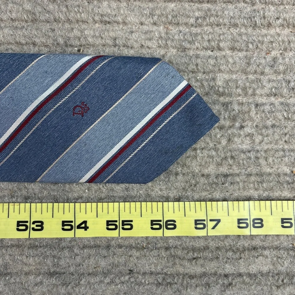 Christian Dior Mens Silk Blend Striped Tie Blue Burgundy Made in USA Woven Italy